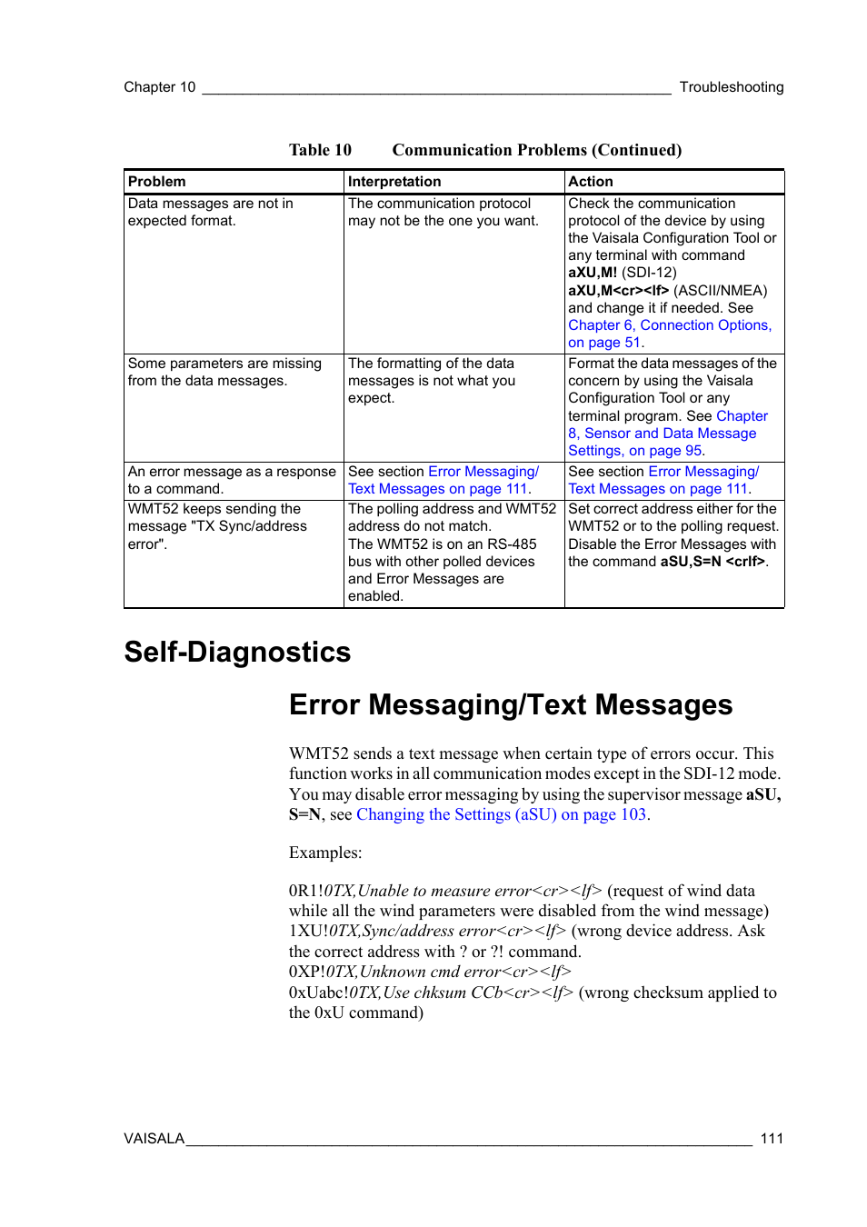 Self-diagnostics, Error messaging/text messages, Self-diagnostics error messaging/text messages | Vaisala WMT52 User Manual | Page 113 / 143