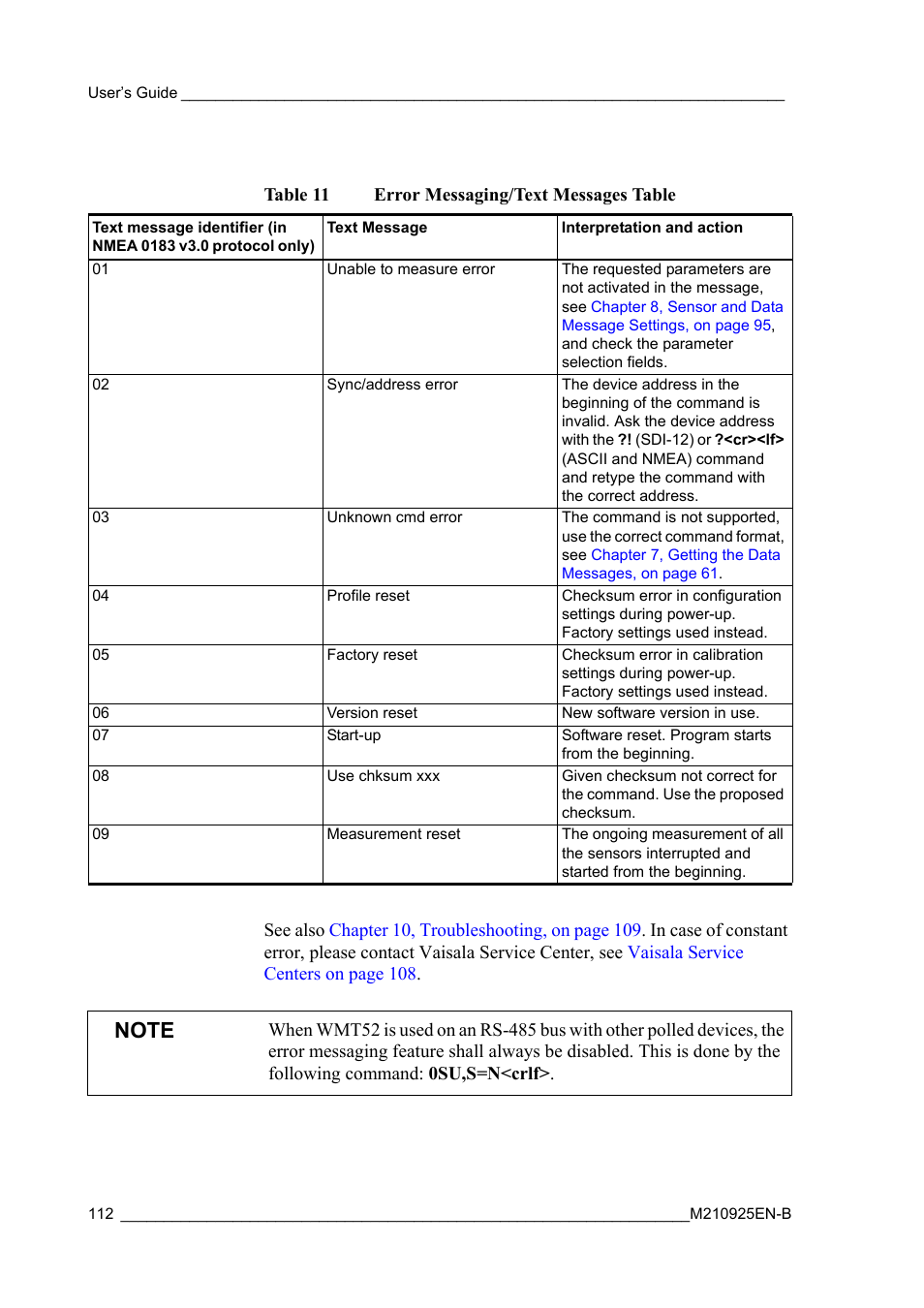 Table 11, Error messaging/text messages table | Vaisala WMT52 User Manual | Page 114 / 143