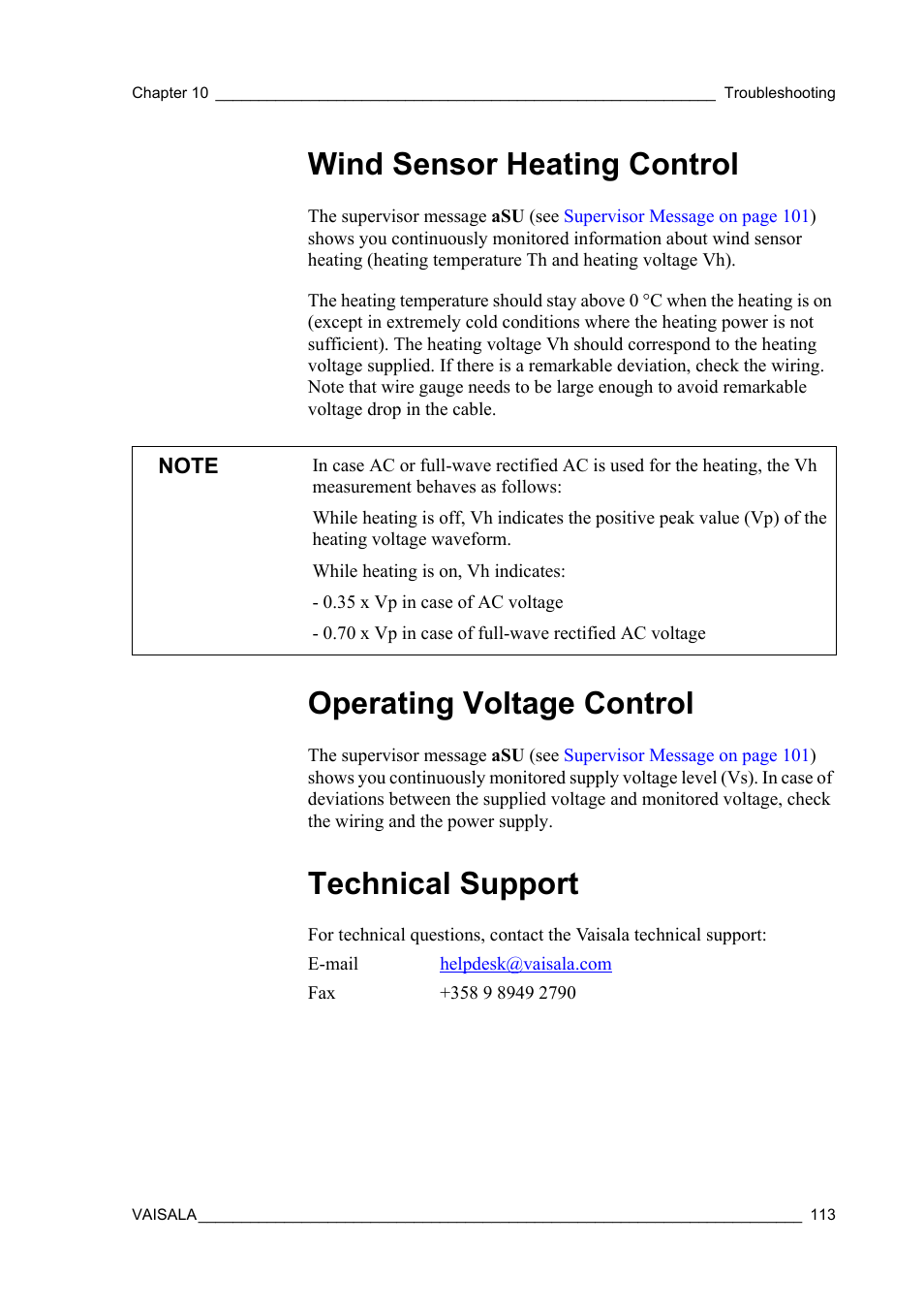 Wind sensor heating control, Operating voltage control, Technical support | Vaisala WMT52 User Manual | Page 115 / 143