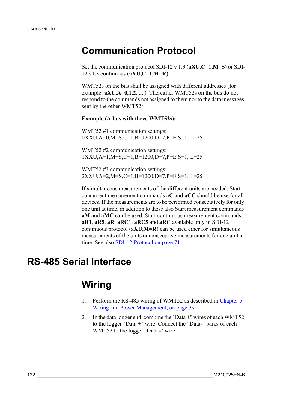 Communication protocol, Rs-485 serial interface, Wiring | Rs-485 serial interface wiring | Vaisala WMT52 User Manual | Page 124 / 143