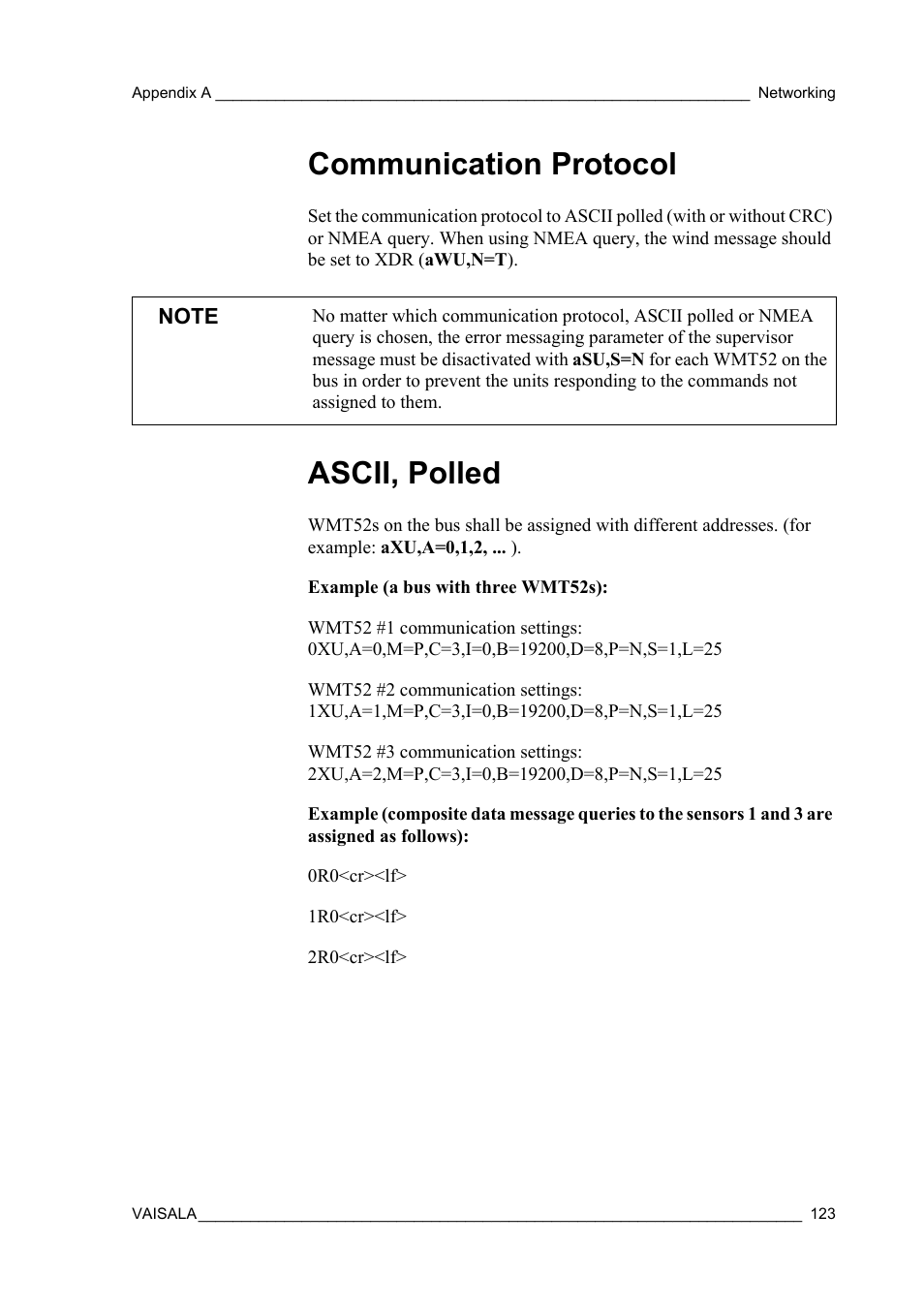 Communication protocol, Ascii, polled, Communication protocol ascii, polled | Vaisala WMT52 User Manual | Page 125 / 143