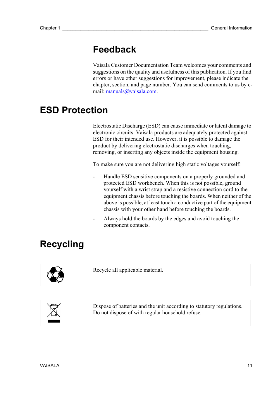 Feedback, Esd protection, Recycling | Esd protection recycling | Vaisala WMT52 User Manual | Page 13 / 143