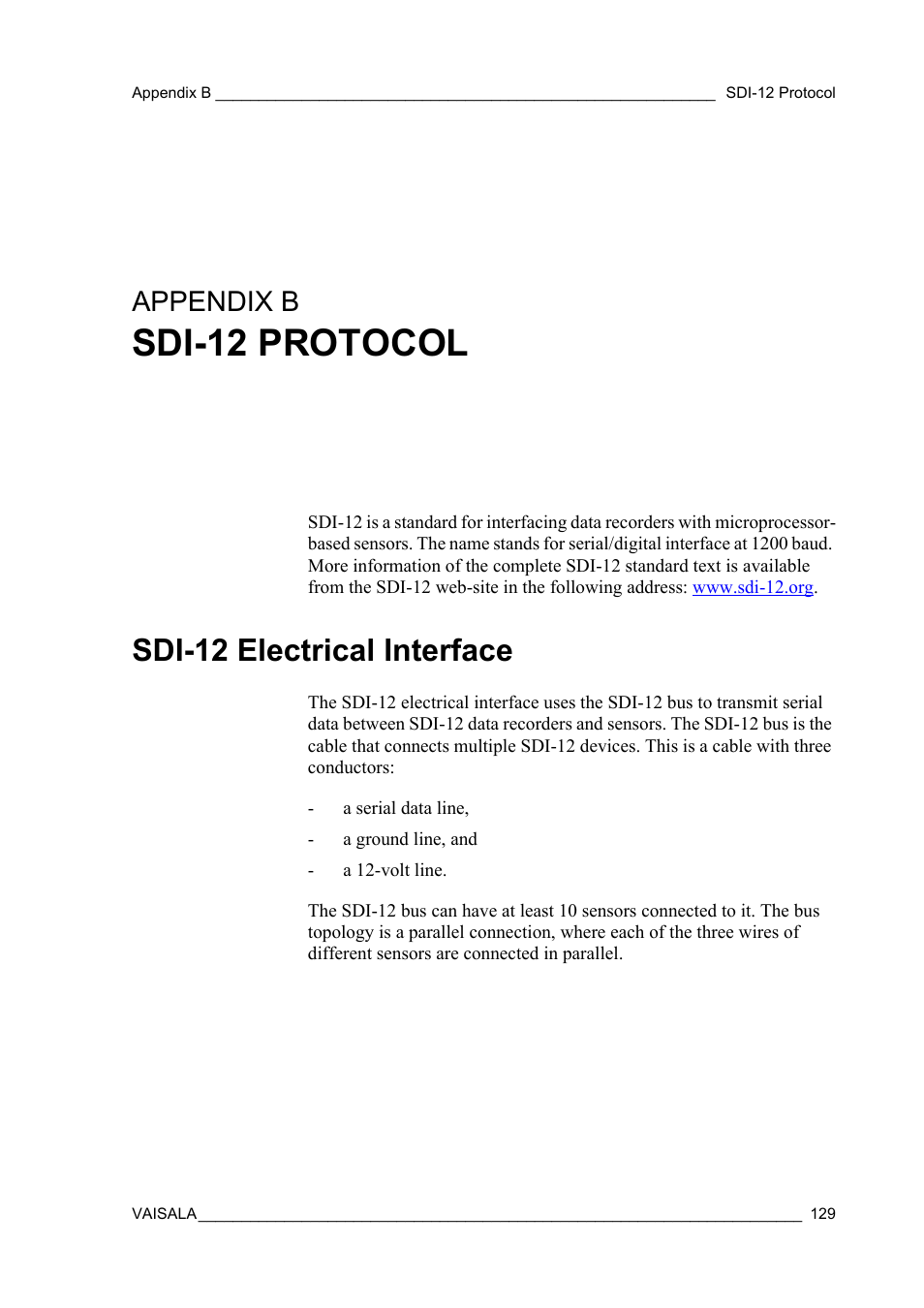 Appendix b sdi-12 protocol, Sdi-12 electrical interface, Appendix b | Sdi-12 protocol | Vaisala WMT52 User Manual | Page 131 / 143