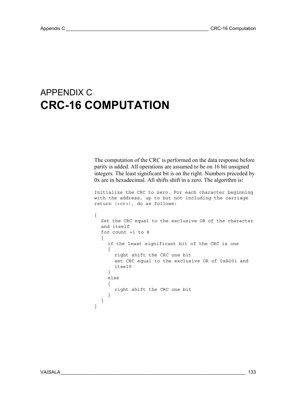 Appendix c crc-16 computation, Appendix c, Appendix c, crc-16 | Crc-16 computation | Vaisala WMT52 User Manual | Page 135 / 143