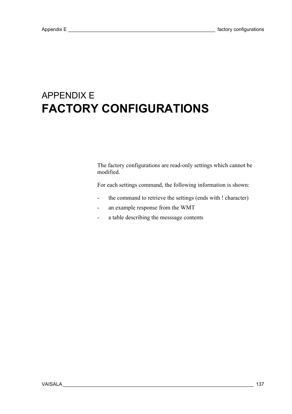 Appendix e factory configurations, Appendix e, Factory configurations | Vaisala WMT52 User Manual | Page 139 / 143