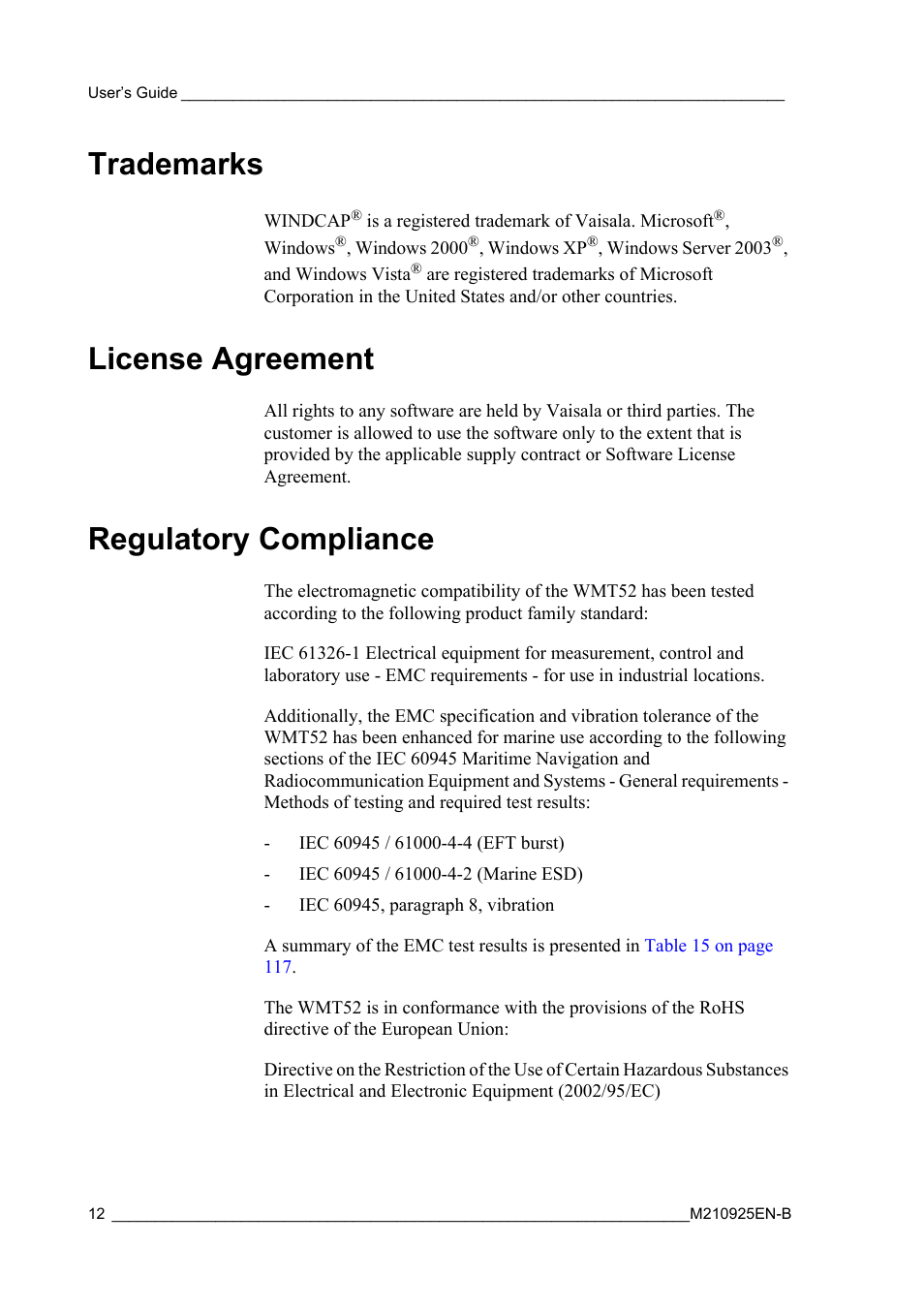 Trademarks, License agreement, Regulatory compliance | Trademarks license agreement regulatory compliance | Vaisala WMT52 User Manual | Page 14 / 143