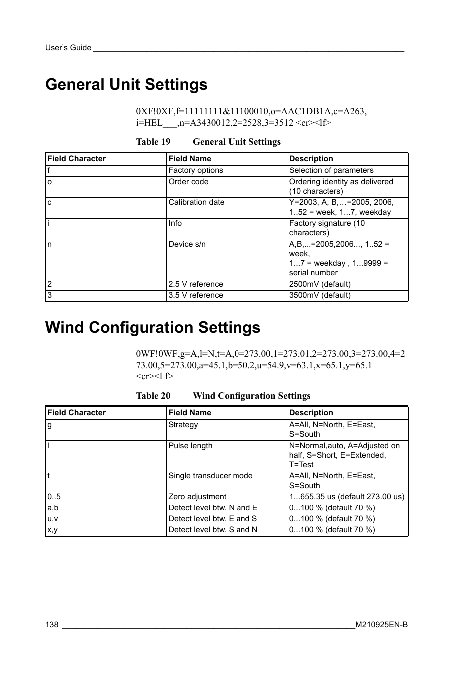 General unit settings, Wind configuration settings, General unit settings wind configuration settings | Table 19, Table 20 | Vaisala WMT52 User Manual | Page 140 / 143