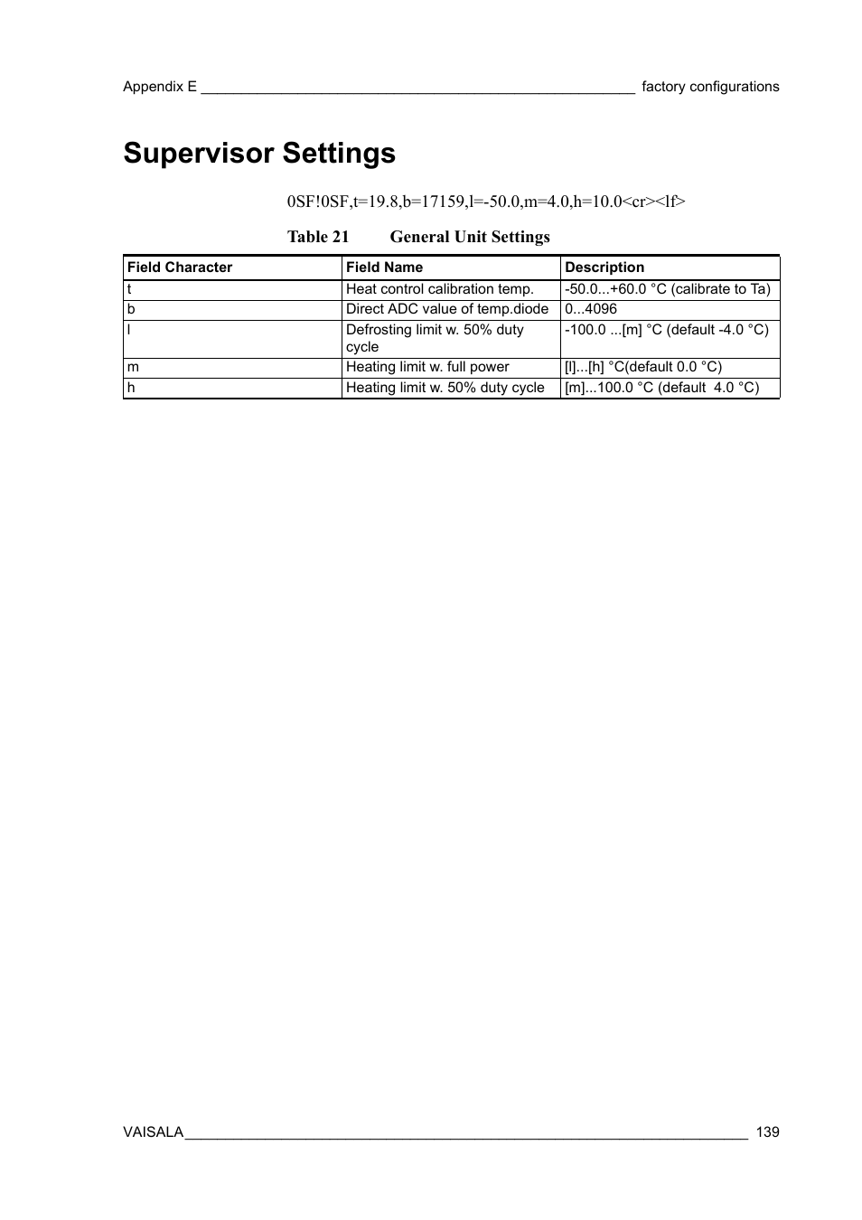 Supervisor settings, Table 21, General unit settings | Vaisala WMT52 User Manual | Page 141 / 143