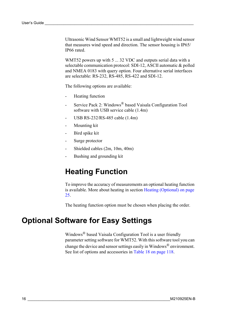 Heating function, Optional software for easy settings | Vaisala WMT52 User Manual | Page 18 / 143