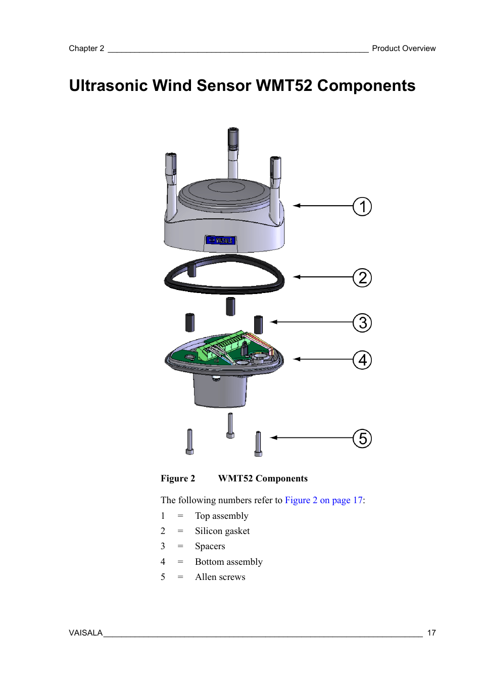 Ultrasonic wind sensor wmt52 components, Figure 2, Wmt52 components | Vaisala WMT52 User Manual | Page 19 / 143