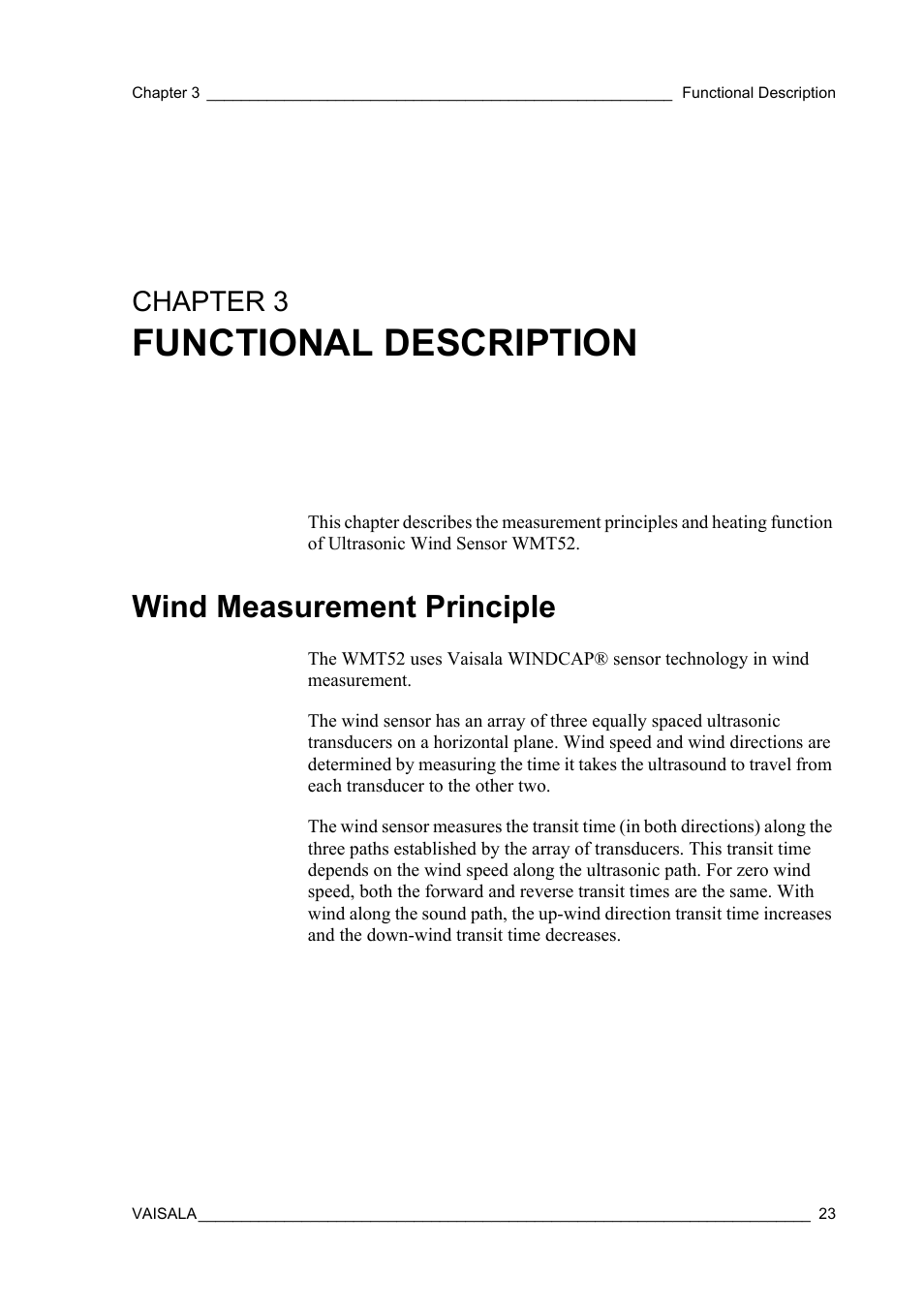 Chapter 3 functional description, Wind measurement principle, Chapter 3 | Functional description | Vaisala WMT52 User Manual | Page 25 / 143