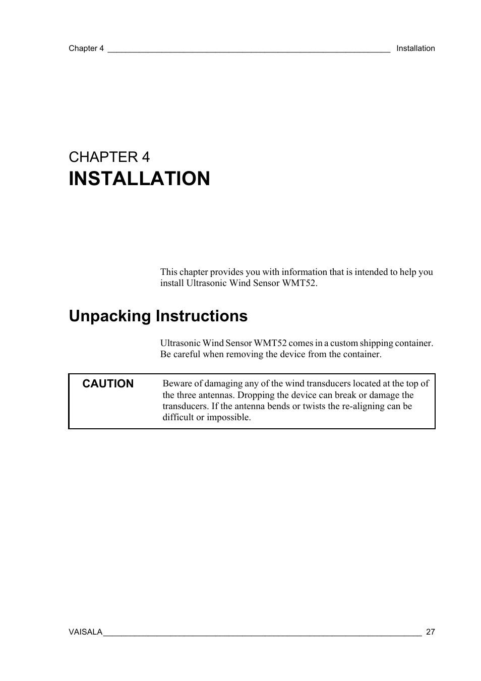 Chapter 4 installation, Unpacking instructions, Chapter 4 | Installation | Vaisala WMT52 User Manual | Page 29 / 143