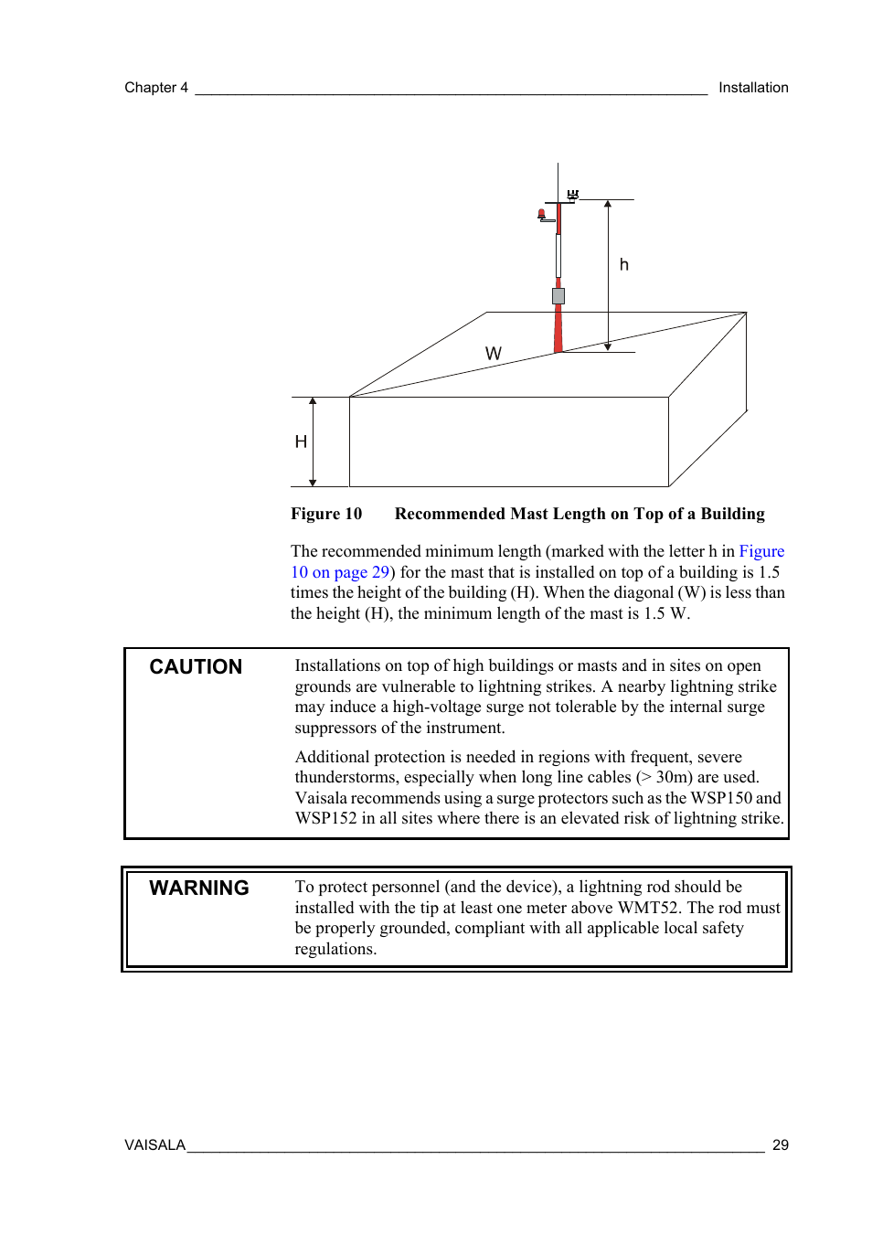 Figure 10, Recommended mast length on top of a building, Caution | Warning | Vaisala WMT52 User Manual | Page 31 / 143