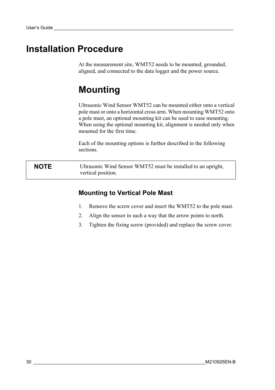 Installation procedure, Mounting, Mounting to vertical pole mast | Vaisala WMT52 User Manual | Page 32 / 143