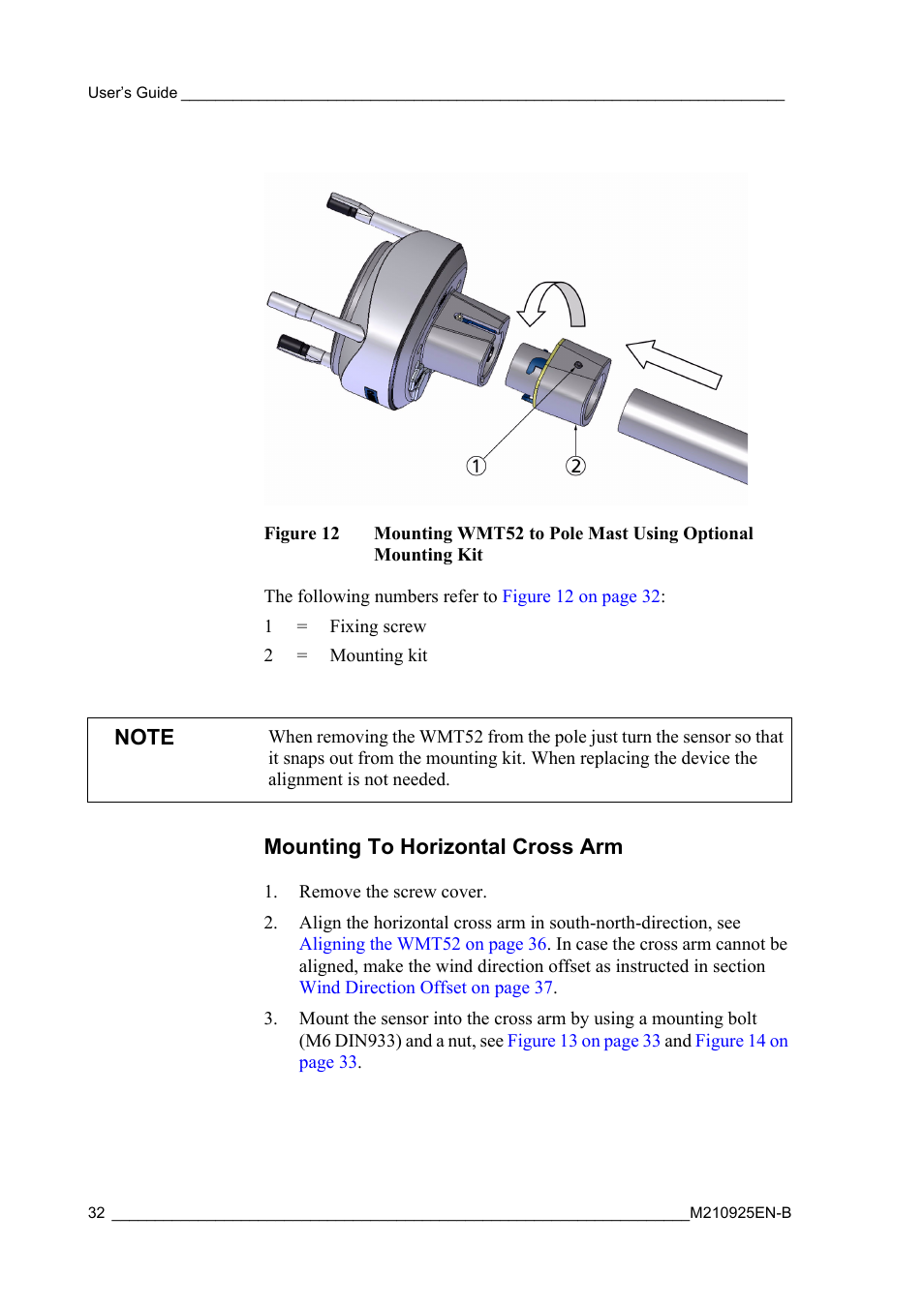 Mounting to horizontal cross arm, Figure 12 | Vaisala WMT52 User Manual | Page 34 / 143