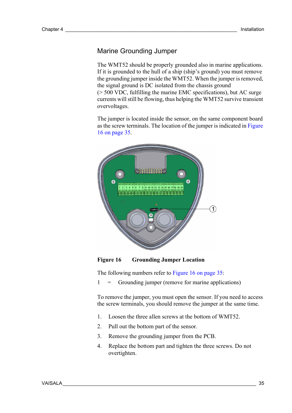 Marine grounding jumper, Figure 16, Grounding jumper location | Vaisala WMT52 User Manual | Page 37 / 143