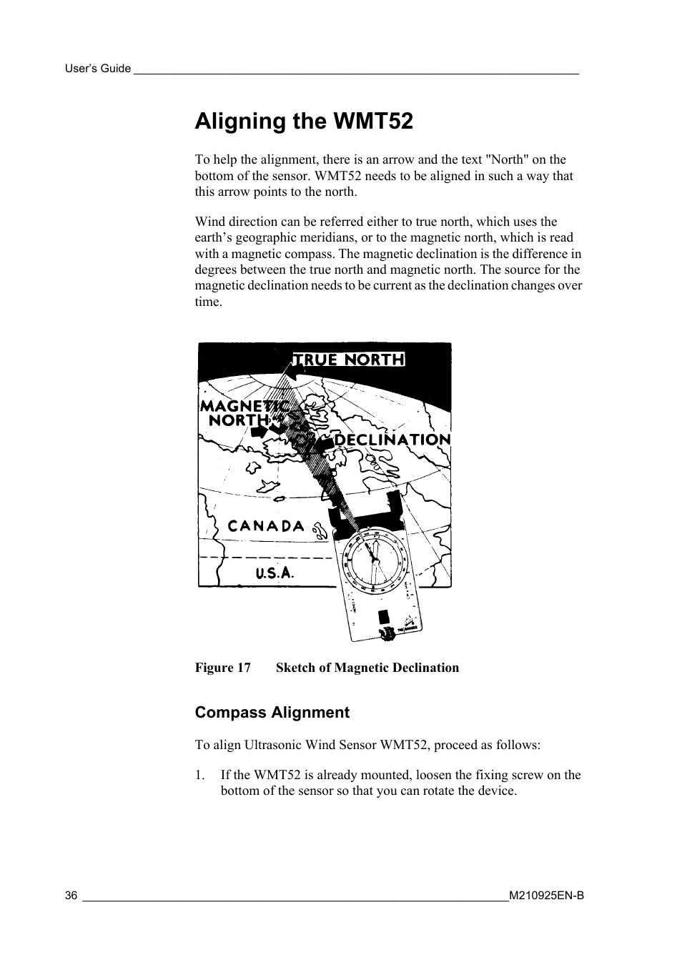 Aligning the wmt52, Compass alignment, Figure 17 | Sketch of magnetic declination, In case the cross arm cannot be | Vaisala WMT52 User Manual | Page 38 / 143