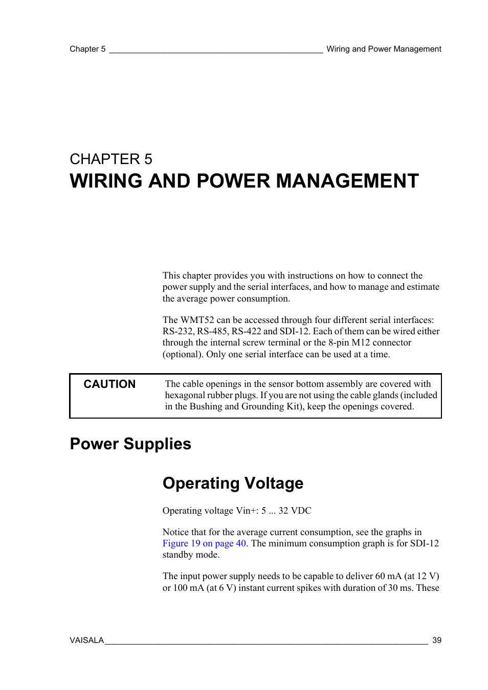 Chapter 5 wiring and power management, Power supplies, Operating voltage | Chapter 5, Wiring and power management, Power supplies operating voltage | Vaisala WMT52 User Manual | Page 41 / 143