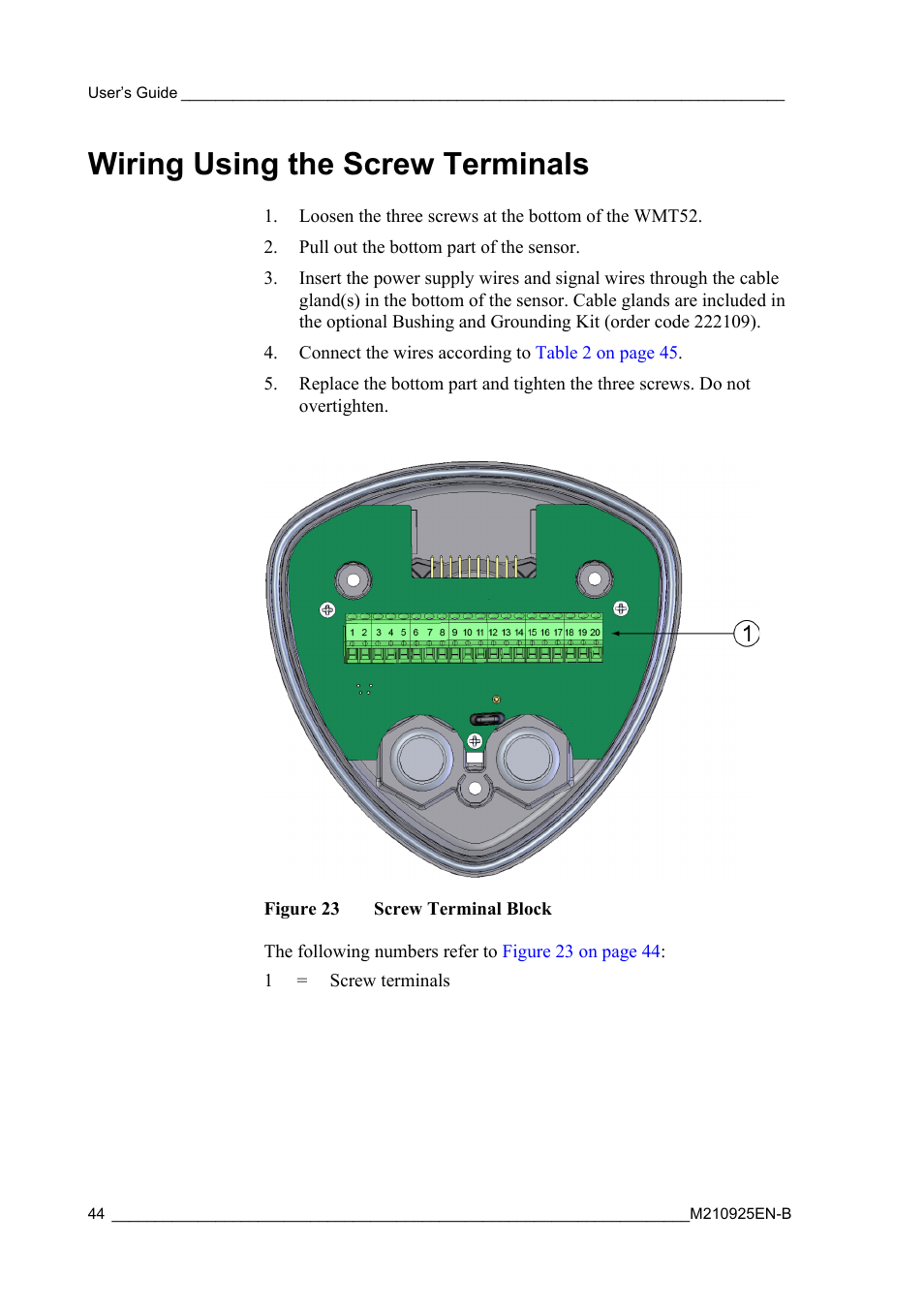 Wiring using the screw terminals, Figure 23, Screw terminal block | Vaisala WMT52 User Manual | Page 46 / 143