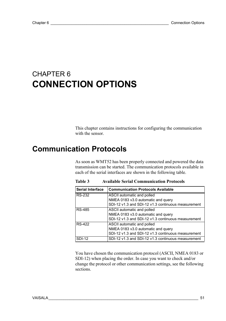 Chapter 6 connection options, Communication protocols, Chapter 6 | Table 3, Available serial communication protocols, Connection options | Vaisala WMT52 User Manual | Page 53 / 143