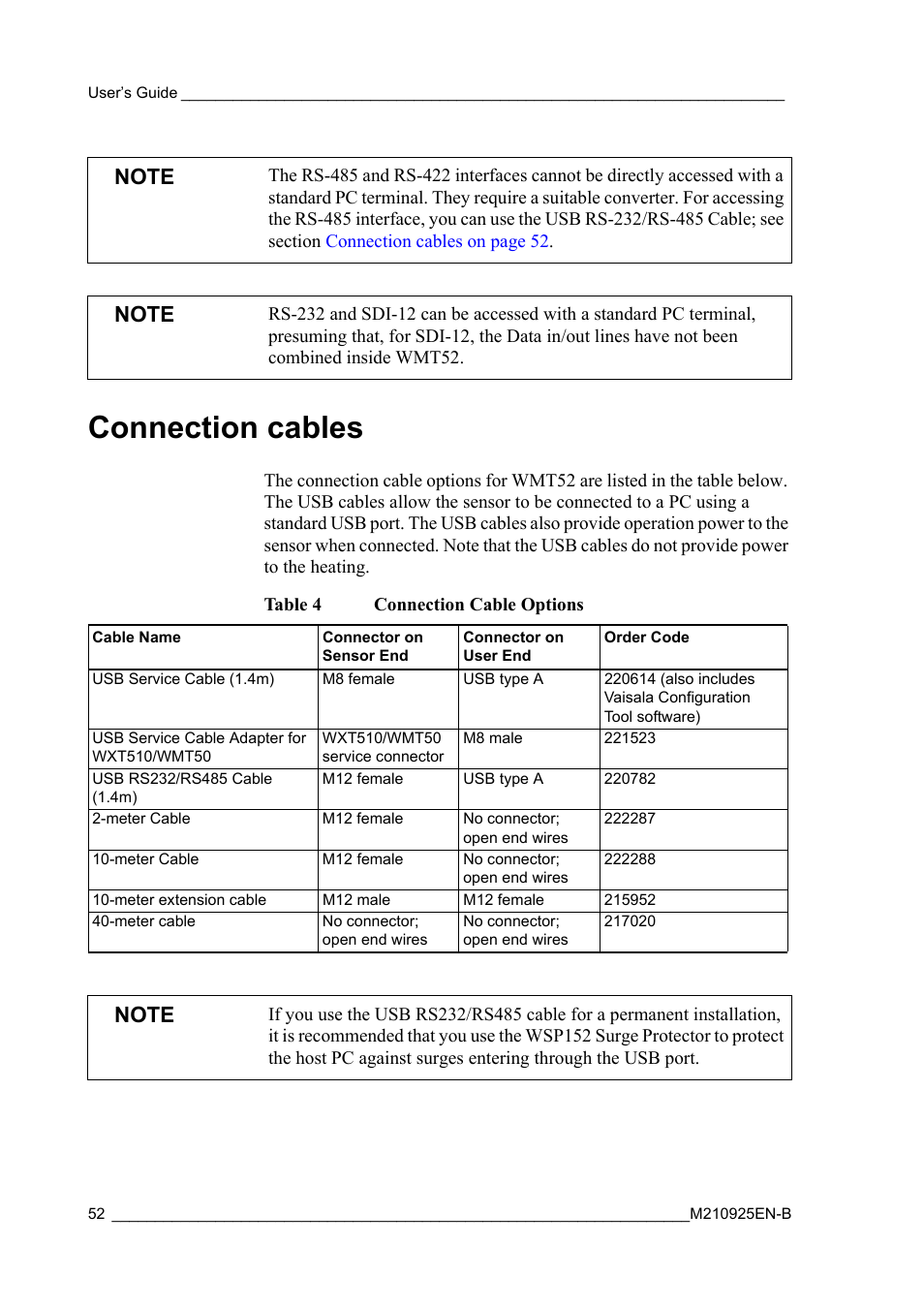 Connection cables, Table 4, Connection cable options | Vaisala WMT52 User Manual | Page 54 / 143