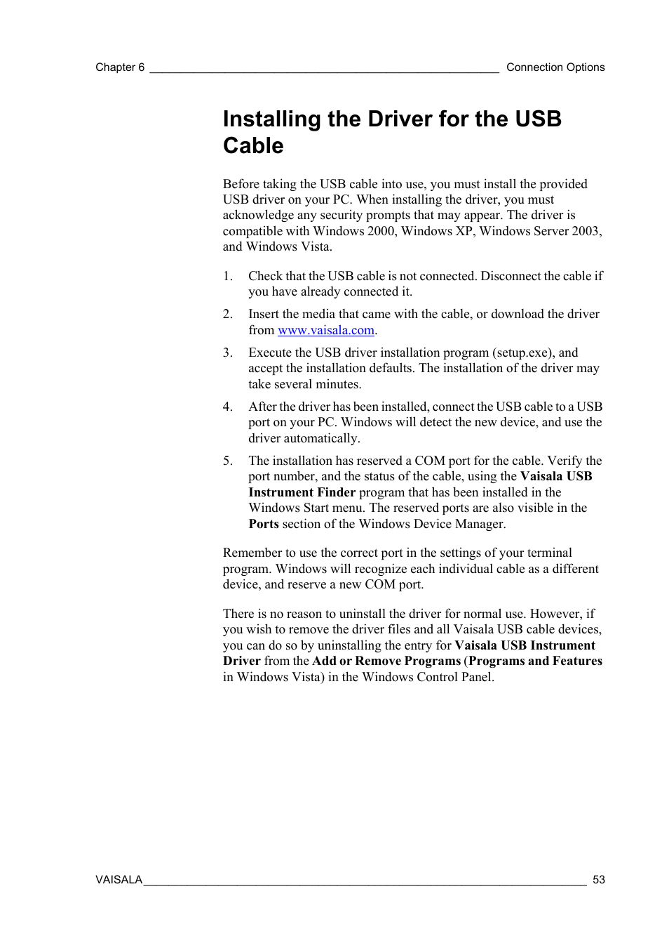 Installing the driver for the usb cable | Vaisala WMT52 User Manual | Page 55 / 143