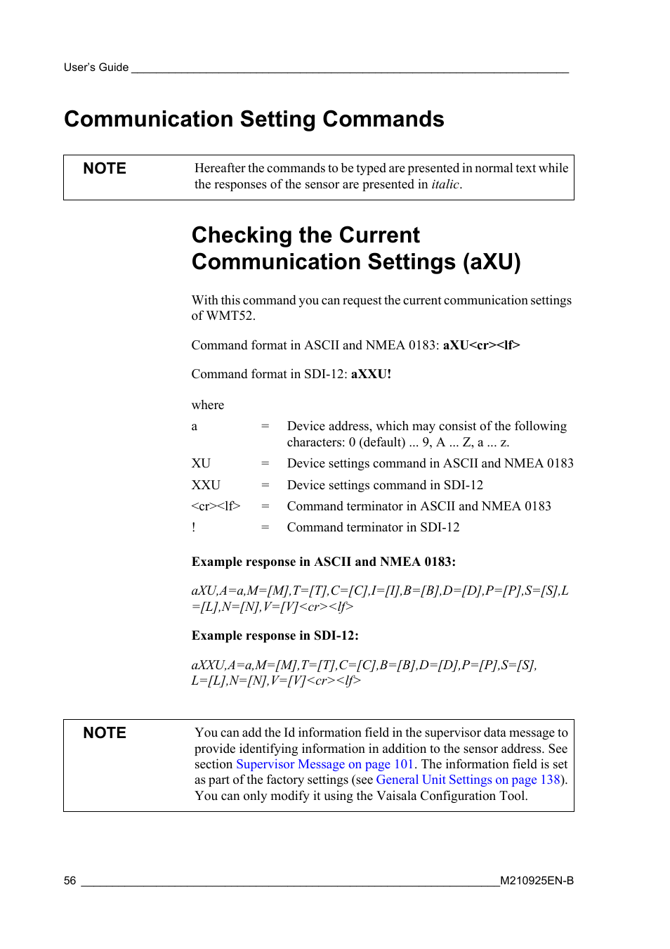 Communication setting commands, Checking the current communication settings (axu), Program, see section | Vaisala WMT52 User Manual | Page 58 / 143