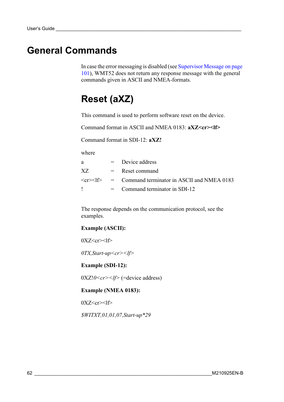General commands, Reset (axz), Command, see | Vaisala WMT52 User Manual | Page 64 / 143