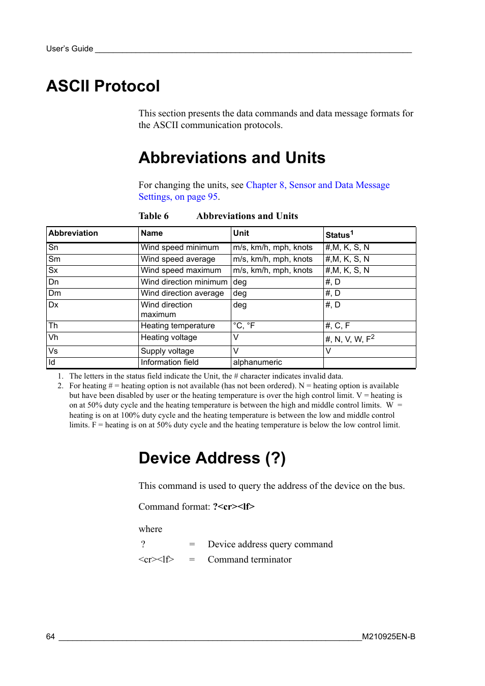 Ascii protocol, Abbreviations and units, Device address (?) | Abbreviations and units device address (?), Table 6 | Vaisala WMT52 User Manual | Page 66 / 143