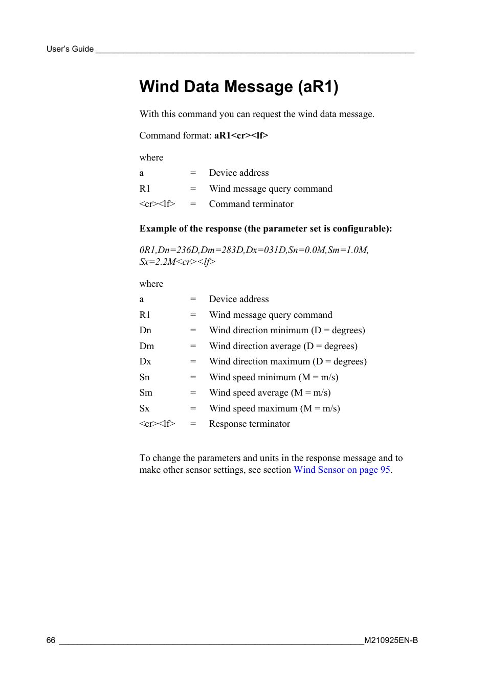 Wind data message (ar1) | Vaisala WMT52 User Manual | Page 68 / 143