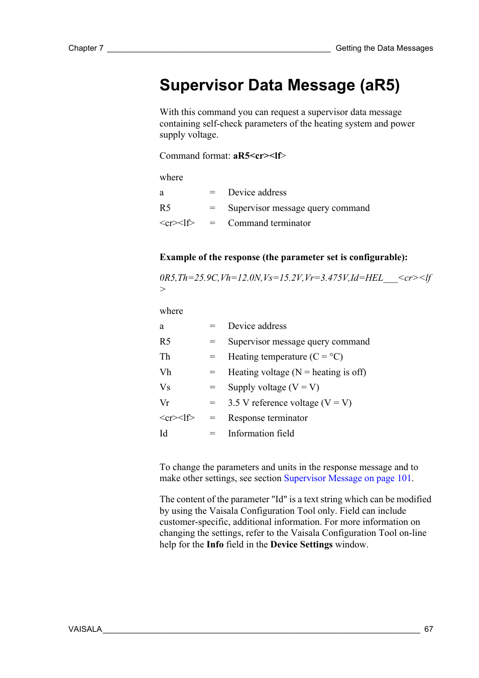 Supervisor data message (ar5) | Vaisala WMT52 User Manual | Page 69 / 143
