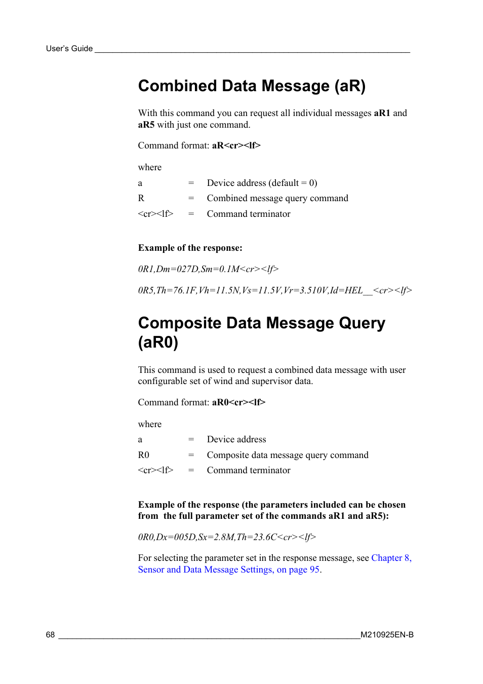 Combined data message (ar), Composite data message query (ar0) | Vaisala WMT52 User Manual | Page 70 / 143