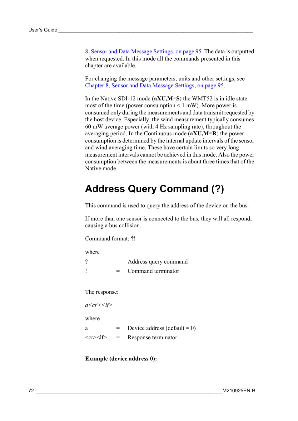 Address query command (?) | Vaisala WMT52 User Manual | Page 74 / 143