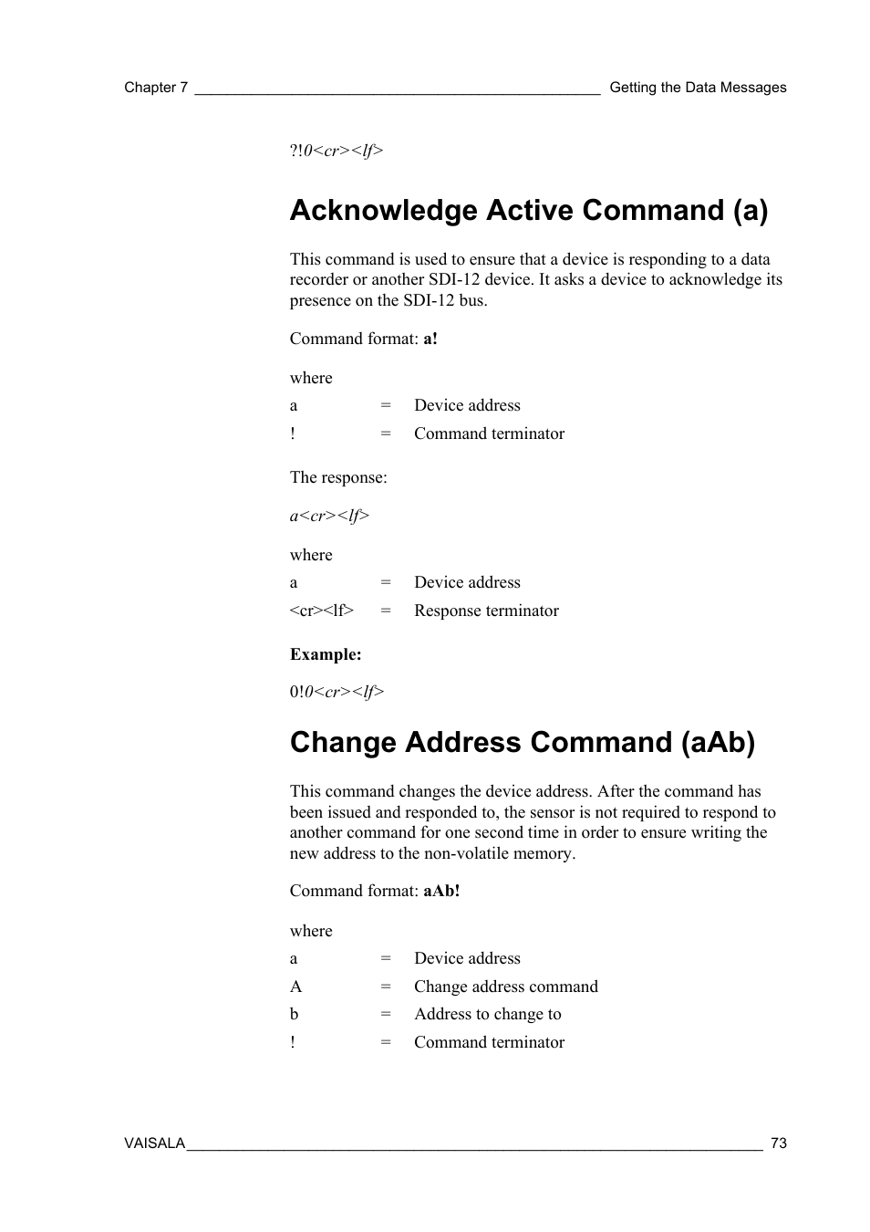 Acknowledge active command (a), Change address command (aab) | Vaisala WMT52 User Manual | Page 75 / 143