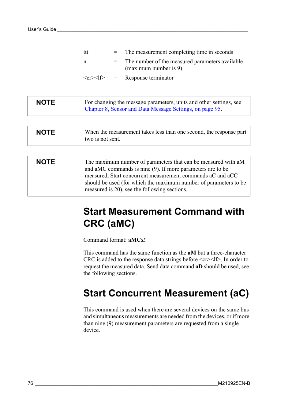 Start measurement command with crc (amc), Start concurrent measurement (ac) | Vaisala WMT52 User Manual | Page 78 / 143