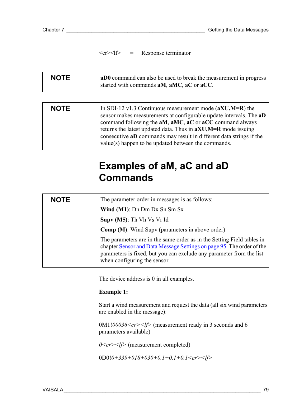 Examples of am, ac and ad commands, Sensors with just one command. see, Examples of | Examples of am, ac and ad | Vaisala WMT52 User Manual | Page 81 / 143