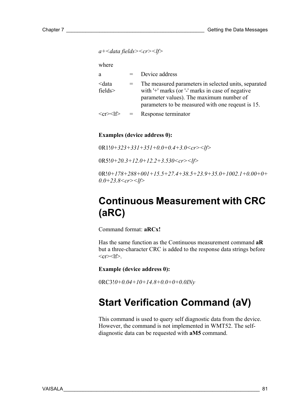 Continuous measurement with crc (arc), Start verification command (av) | Vaisala WMT52 User Manual | Page 83 / 143