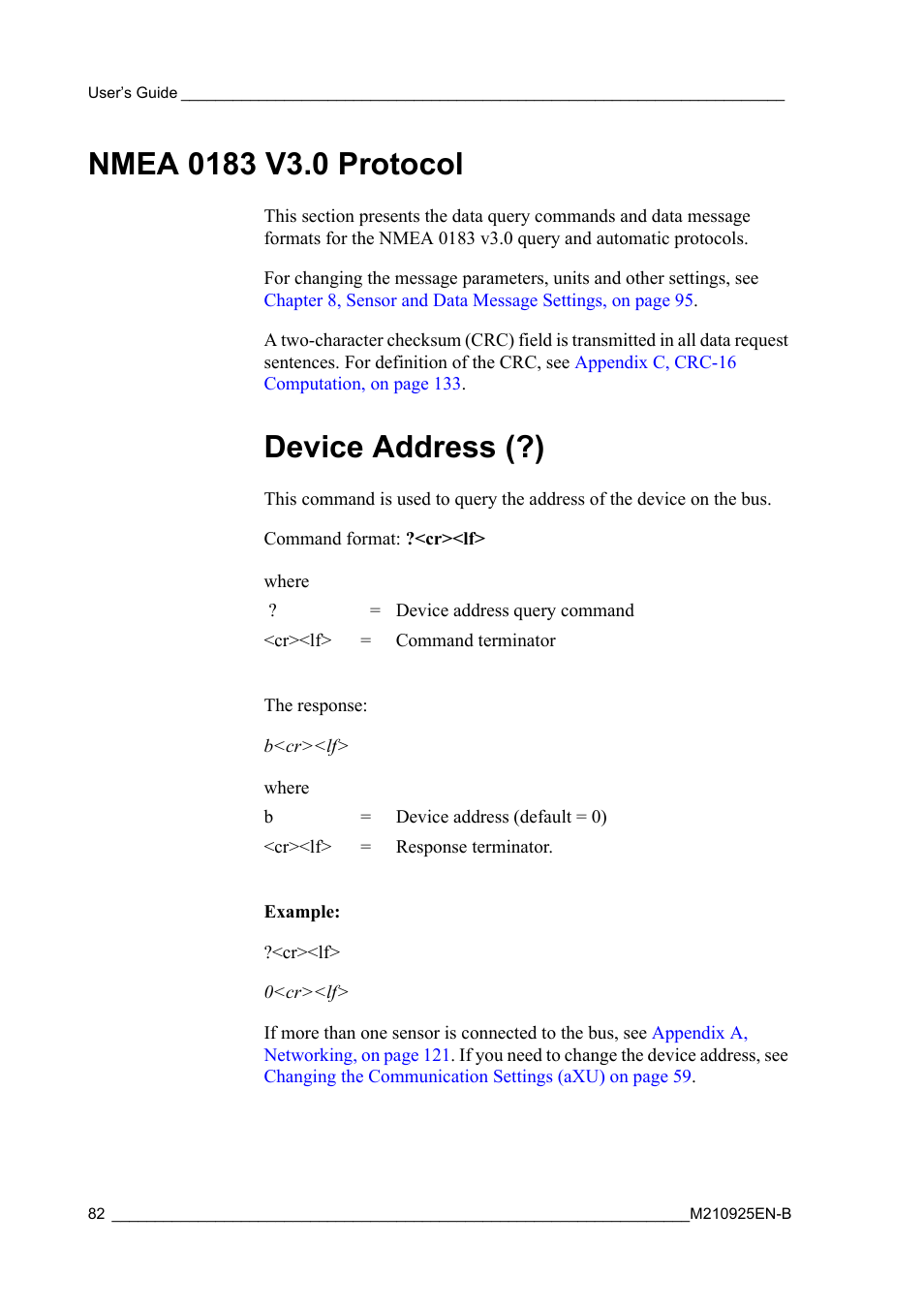 Nmea 0183 v3.0 protocol, Device address (?) | Vaisala WMT52 User Manual | Page 84 / 143