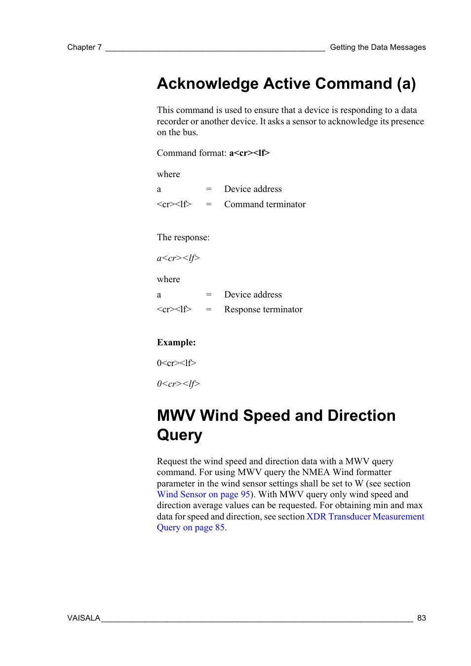 Acknowledge active command (a), Mwv wind speed and direction query | Vaisala WMT52 User Manual | Page 85 / 143