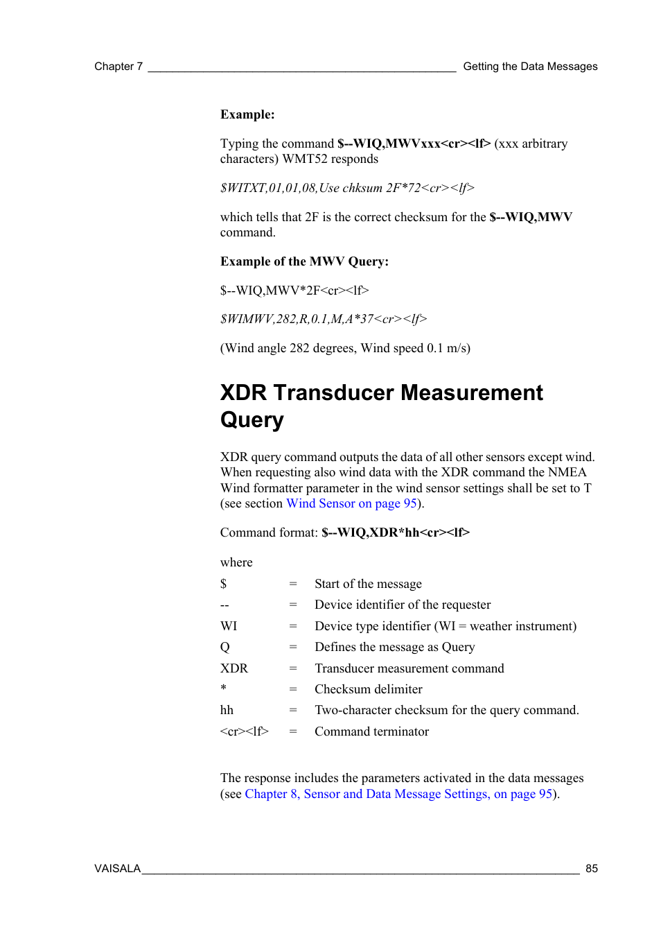 Xdr transducer measurement query, Data for speed and direction, see section, Xdr transducer measurement | Vaisala WMT52 User Manual | Page 87 / 143