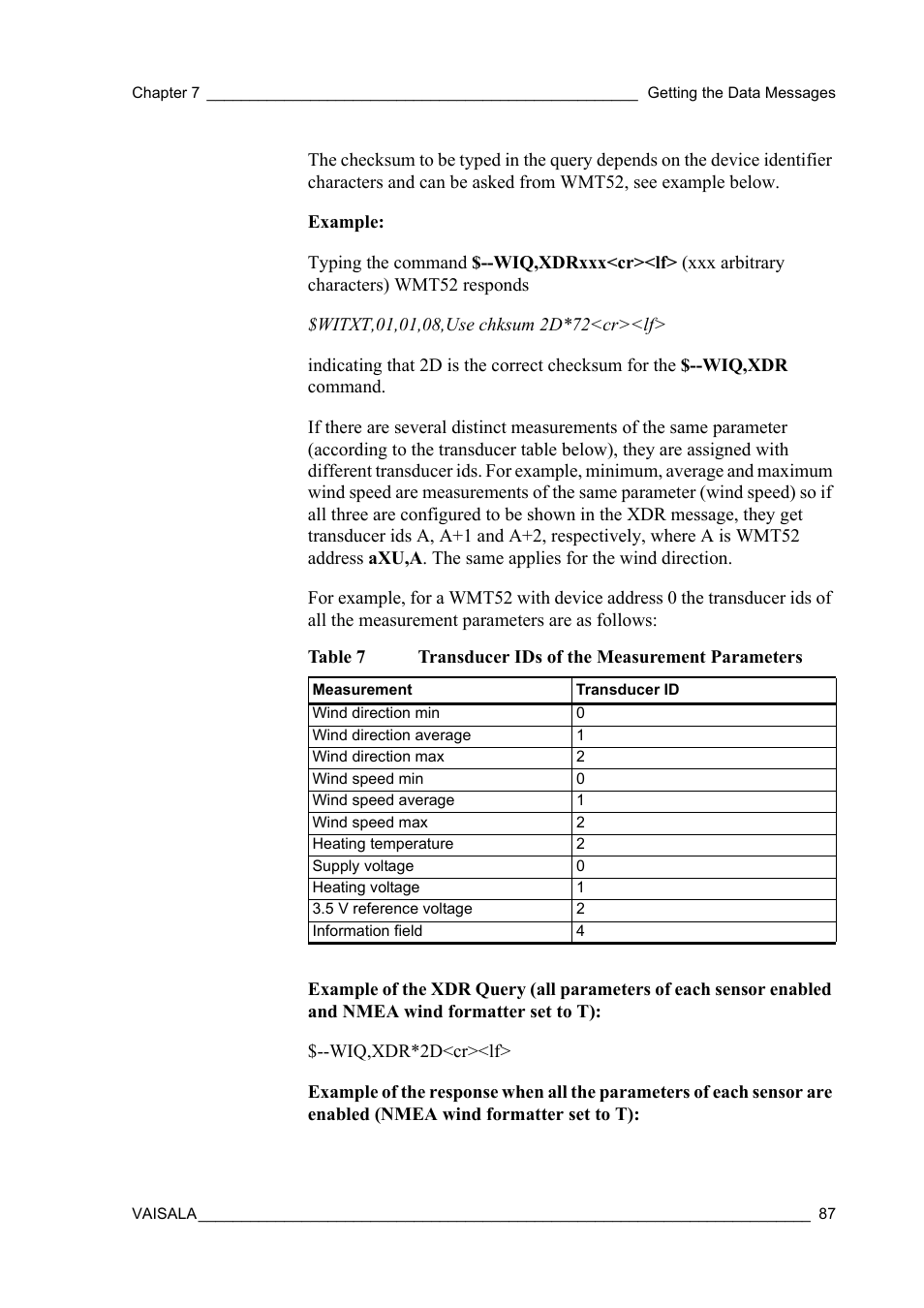 Table 7, Transducer ids of the measurement parameters | Vaisala WMT52 User Manual | Page 89 / 143