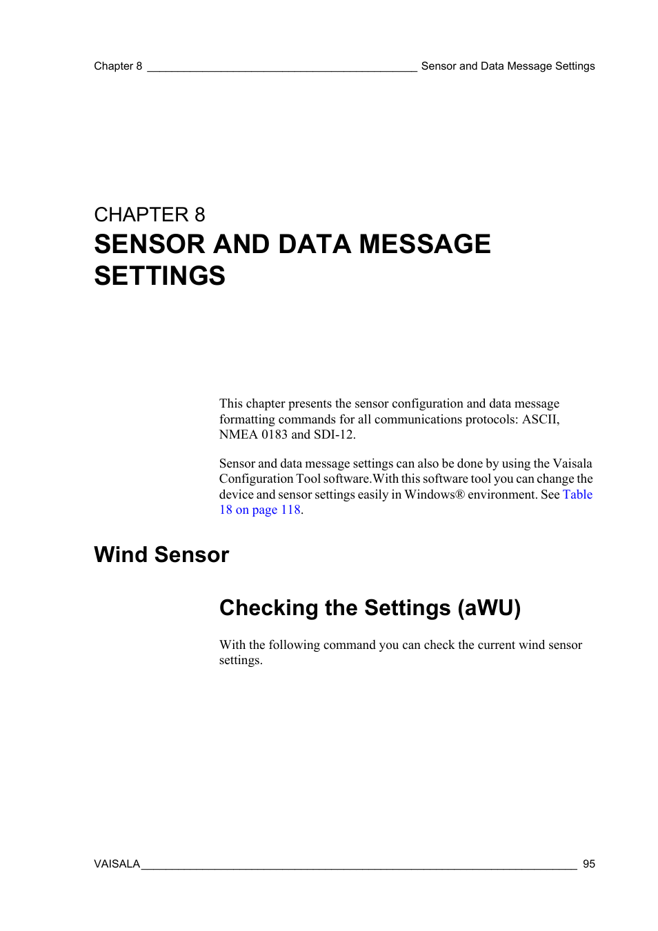 Chapter 8 sensor and data message settings, Wind sensor, Checking the settings (awu) | Chapter 8, Chapter 8, sensor and data message settings, on, The average current consumption will d, Rable update interval, see, Chapter 8, sensor, The data is outputted on, Chapter | Vaisala WMT52 User Manual | Page 97 / 143