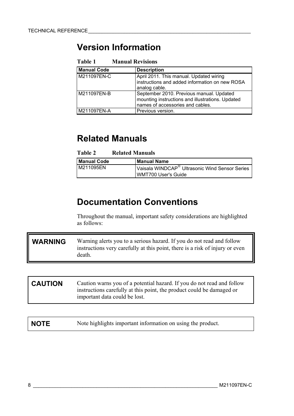 Version information, Related manuals, Documentation conventions | Warning, Caution | Vaisala WMT700 User Manual | Page 10 / 80