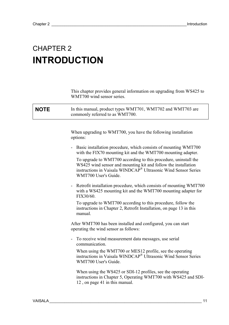 Introduction, From ws425 to wmt700 wind sensor series, Chapter 2 | Vaisala WMT700 User Manual | Page 13 / 80