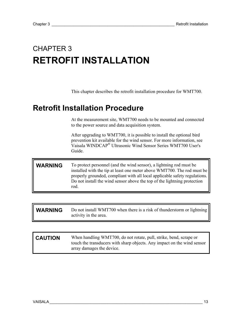 Retrofit installation, Retrofit installation procedure, Procedure for wmt700 | Chapter 3 | Vaisala WMT700 User Manual | Page 15 / 80
