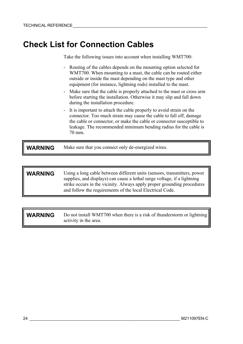 Check list for connection cables | Vaisala WMT700 User Manual | Page 26 / 80