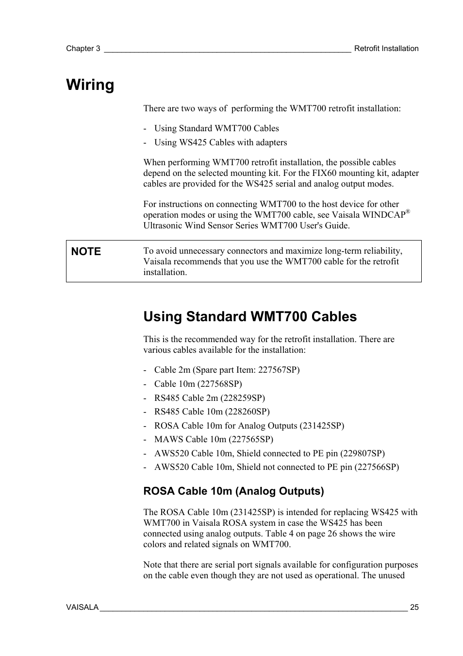 Wiring, Using standard wmt700 cables, Rosa cable 10m (analog outputs) | Vaisala WMT700 User Manual | Page 27 / 80