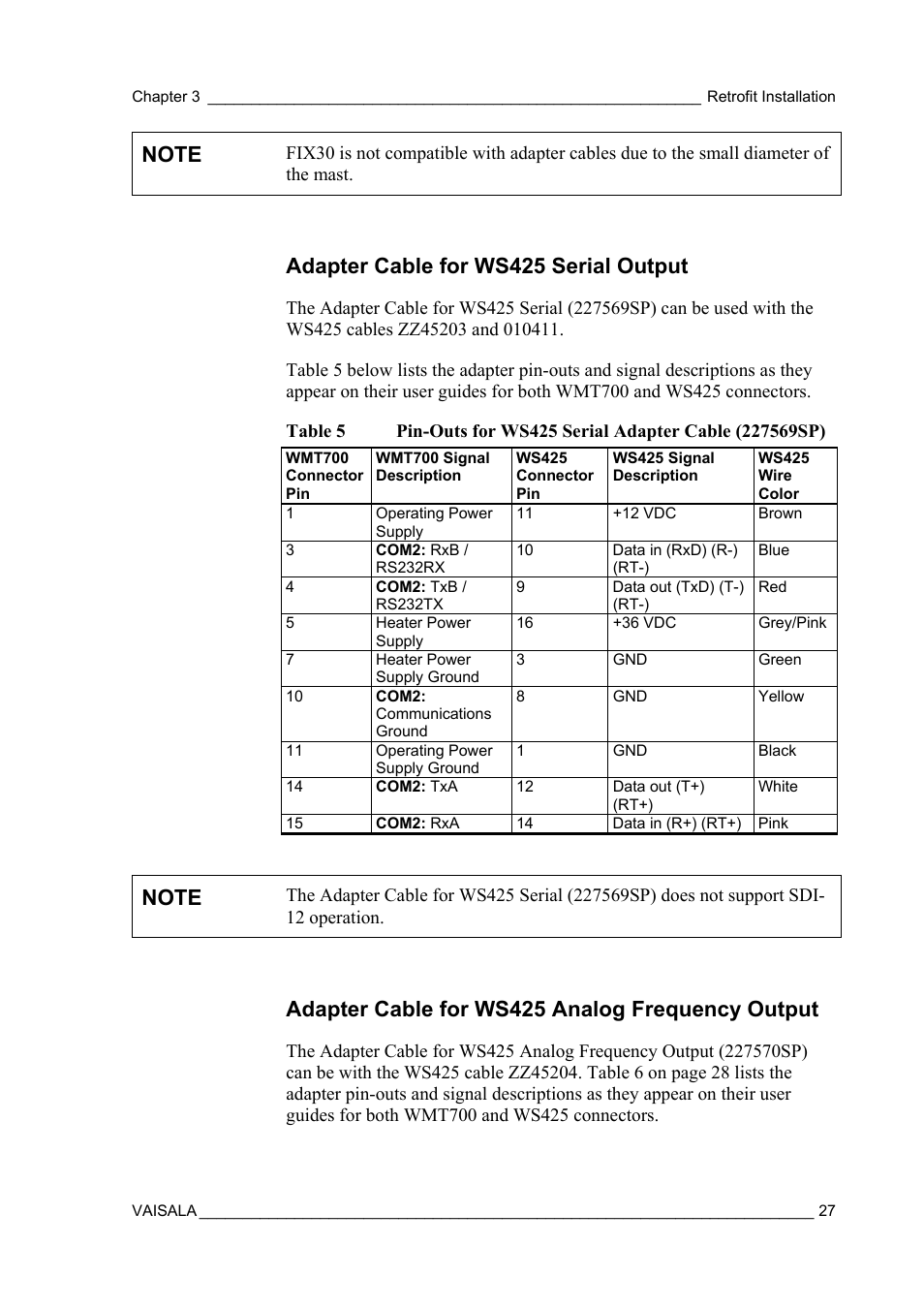 Adapter cable for ws425 serial output, Adapter cable for ws425 analog frequency output | Vaisala WMT700 User Manual | Page 29 / 80