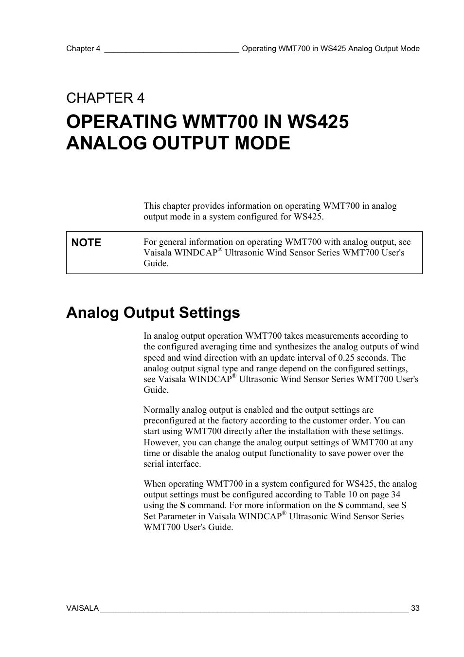 Operating wmt700 in ws425 analog output mode, Analog output settings, Chapter 4 | Vaisala WMT700 User Manual | Page 35 / 80