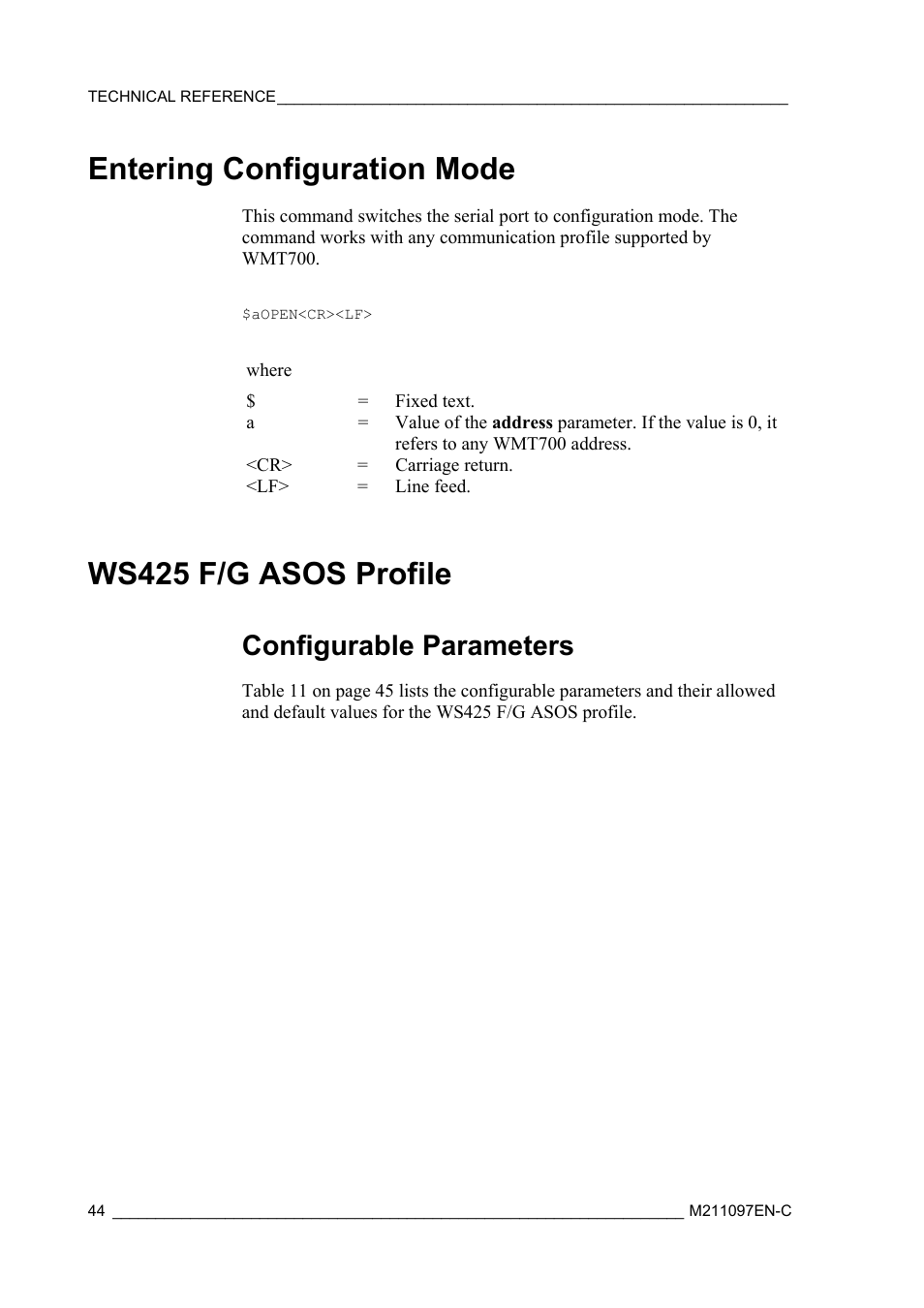 Entering configuration mode, Ws425 f/g asos profile, Configurable parameters | Vaisala WMT700 User Manual | Page 46 / 80